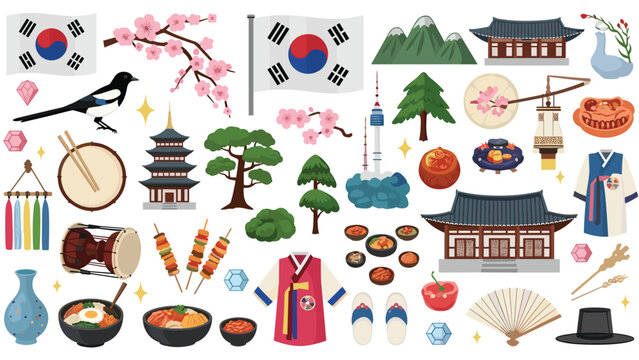 Detailed collection of traditional and modern South Korean symbols including national landmarks, delicious food, and cultural artifacts.