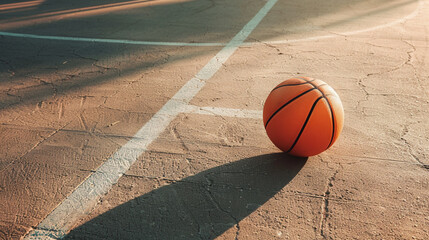 Basketball on outdoor court with motion blur and golden sunlight for sports action concept