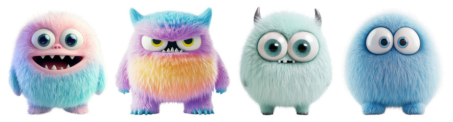 Obraz na płótnie Canvas PNG Colorful fluffy cartoon monsters, element set on transparent background
