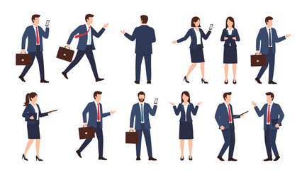 Diverse collection of professional business people in various poses including walking, standing, and using mobile phones.