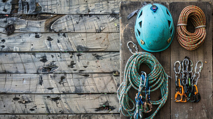 Climbing gear including helmet, ropes, and carabiners on wooden surface, adventure equipment