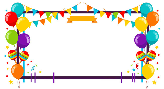 Vibrant colorful celebration party frame border with balloons, bunting, and confetti; a playful vector illustration for events