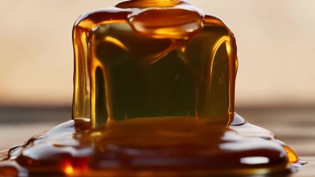 Viscous, golden honey pours over a slowly rotating block of translucent, emerald-green jade The honey flows with realistic weight
