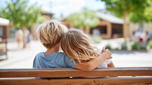 two children sitting on a bench in a park as one comforts the other, showing friendship, support, childhood emotion and calm outdoor moment
