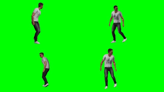 Male dancer in white shirt executing smooth side-to-side body sway on green screen chromakey background, groovy hip hop move, 3D animated cartoon animation style character looping dance videos