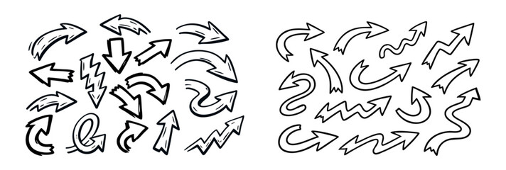 Set of hand-drawn black doodle arrows on white background. Hand-sketched arrow icons in various shapes and styles for design elements.