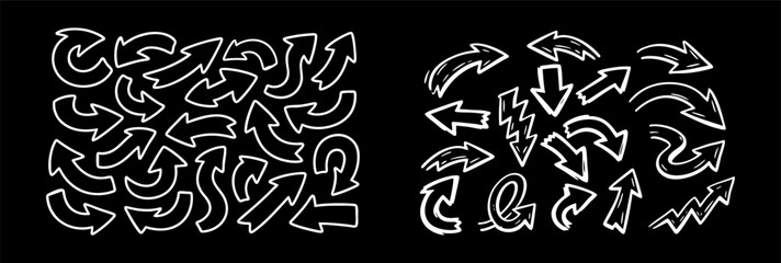Hand-drawn white arrow doodles on a black background, featuring various styles including curved, wavy, and straight arrows for creative design.