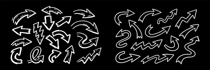 Set of hand-drawn white arrows and pointers on a black background. Versatile doodle style direction icons for design projects.