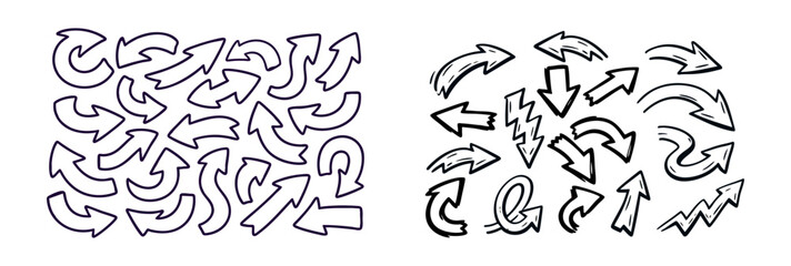 A comprehensive collection of hand-drawn doodle arrows in various styles and shapes, perfect for creative projects and presentations.