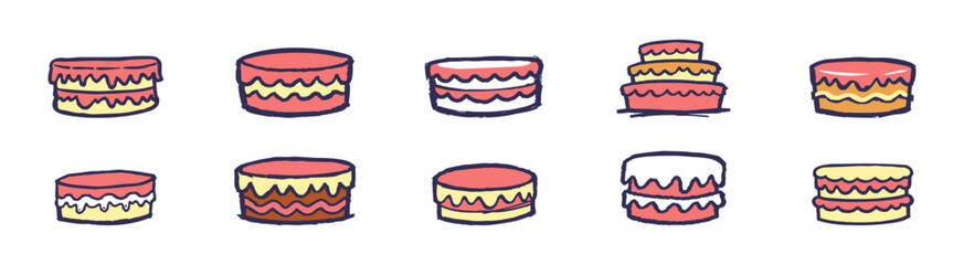 Set of ten hand-drawn colorful cake illustrations with layered icing and sponge, ideal for bakery branding or celebratory designs.