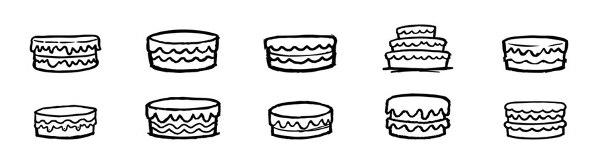A set of hand-drawn cake illustrations in a black and white sketchy doodle style, featuring layered and tiered designs for bakery or party themes.