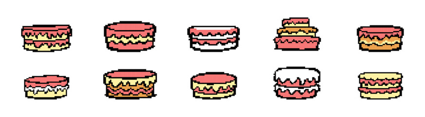 Collection of 10 pixel art cake icons in a retro 8-bit style, featuring layered desserts with pink and yellow frosting for game assets.