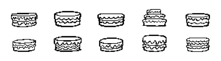 Set of ten pixel art cake icons in black and white line art style, ideal for retro video games, web design, and minimalist graphics.