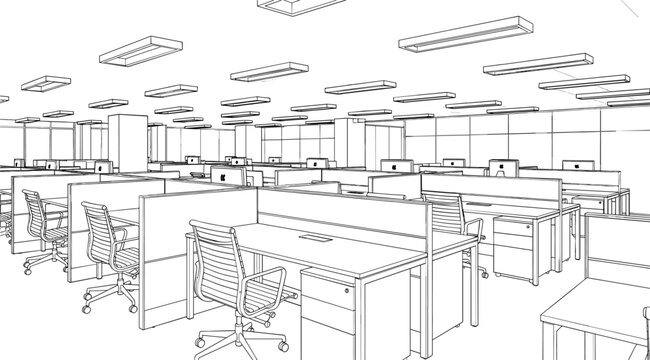Large modern open plan office workspace line art vector featuring cubicles, desks, computers, chairs, and professional ceiling lighting