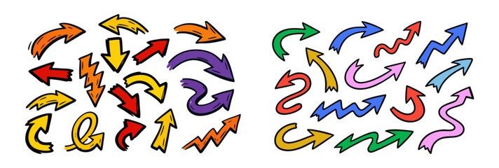 Collection of colorful hand-drawn doodle arrows. Set of vibrant sketchy pointer icons in various shapes and directions on a white background.