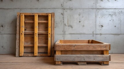Wooden formwork and a folded wooden frame stand against a textured concrete wall