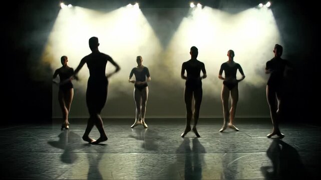 Graceful young female ballet dancers in black leotards perform synchronized choreography, creating striking silhouettes on a reflective black stage with dramatic god rays. Artistic chiaroscuro