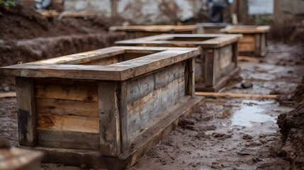 Wooden formwork for concrete foundations laid out in muddy excavation trenches
