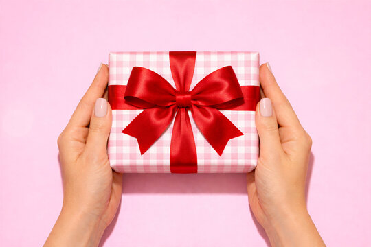 Hands holding wrapped gift box with red satin ribbon and bow against soft pink background. Celebration mood, romantic gesture, clean composition with focus on giving. Valentine&rsquo;s Day concept.