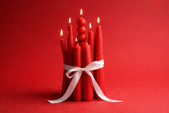 Red candles bundled with white ribbon against deep red background. Sculptural composition, warm flame glow, romantic atmosphere, symbolic gesture, minimalist holiday still life. Valentines Day concept