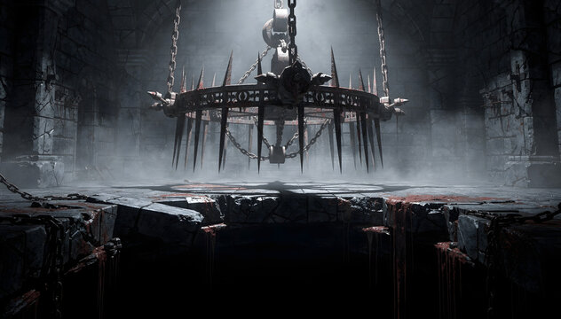 Dark Dungeon Chamber with Spike Chandelier and Blood Splatter, Mysterious Atmosphere for Horror Games, Fantasy Novels, Gothic Decorations and Themed Events