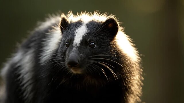 Observe this striking striped skunk, its dark fur illuminated by golden sunlight. A wild animal portrait captured beautifully in natural outdoor light, showcasing its distinct feat