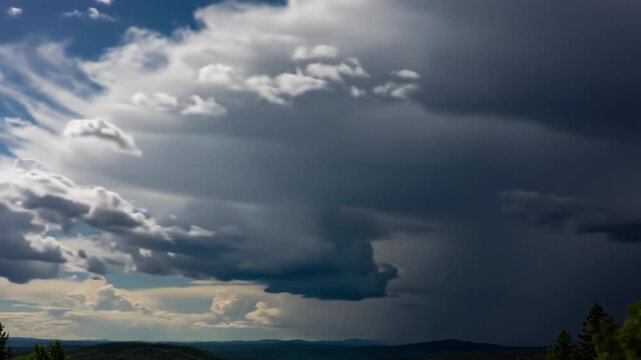 Ultra wide time-lapse video: vast, turbulent charcoal storm clouds churn over distant green mountains as golden god rays pierce through, emphasizing raw nature's sublime power.