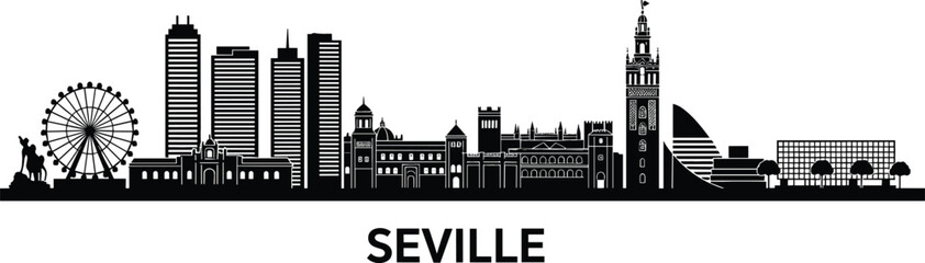 Naklejka premium Detailed Seville city skyline silhouette with Giralda tower and Torre Sevilla for Spain travel and urban branding vector
