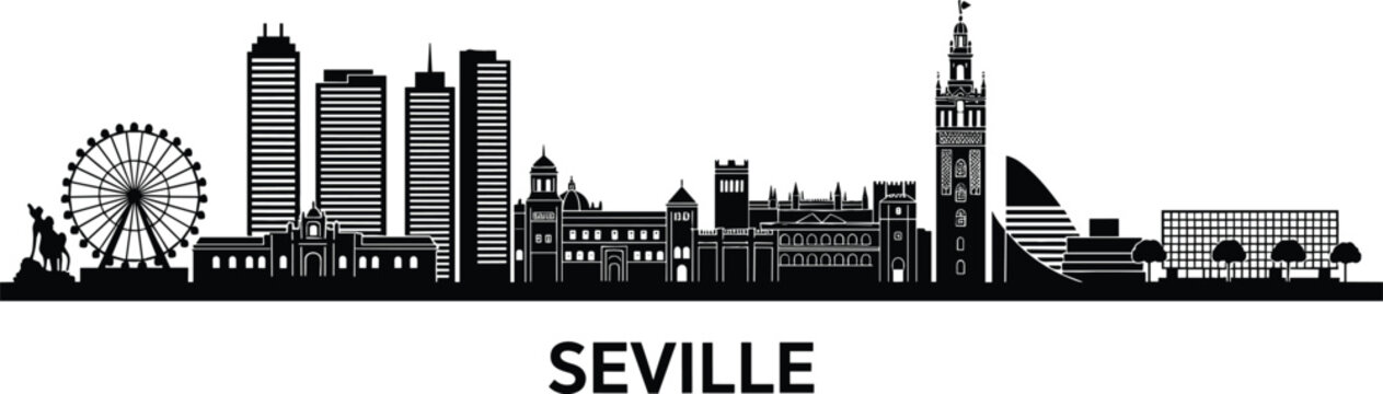 Detailed Seville city skyline silhouette with Giralda tower and Torre Sevilla for Spain travel and urban branding vector