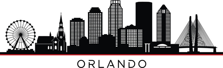 Detailed Orlando city skyline silhouette with ICON Park Ferris wheel and modern skyscrapers for Florida travel and urban branding vector © Bappi