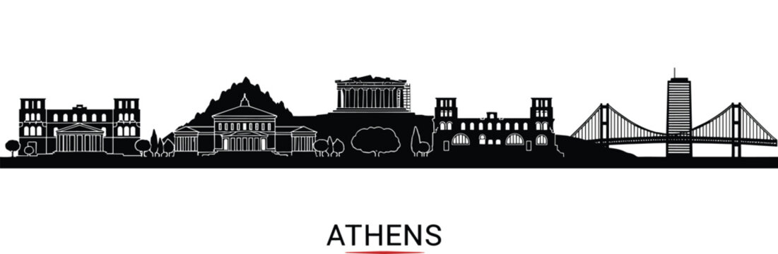 Detailed Athens city skyline silhouette with Acropolis Parthenon and Panathenaic Stadium for Greece travel and urban branding vector