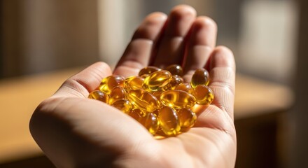 Fototapeta premium Hand holding a collection of translucent amber gel capsules in bright light
