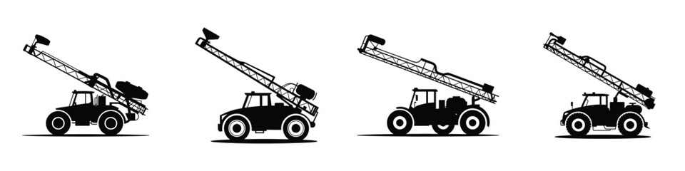 Agricultural Tractor Sprayer Silhouette Vector Set &ndash; Farming Machinery Illustration, Modern Farm Equipment Icons, Agricultural Vehicle Design for Agriculture and Harvest Industry