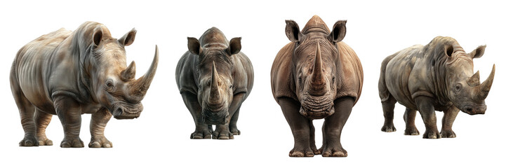 Fototapeta premium Four rhinoceroses in profile and front view isolated on a transparent background