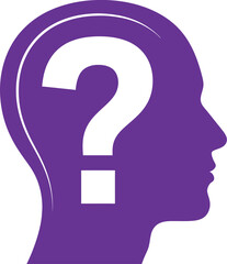 Silhouette of a human head profile filled with blue color containing a large white question mark inside, symbolizing doubt, confusion, or inquiry concept