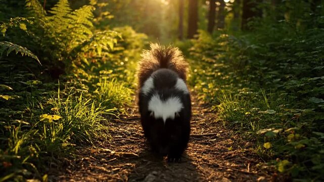 A beautiful video captures a skunk walking along a sun-drenched forest path, showcasing wildlife in its natural habitat during golden hour, a serene nature moment.
