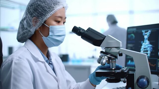 Young asian female scientist in lab coat & blue gloves meticulously focuses microscope, writes notes on tablet, with 3D DNA & data on monitors, concept of groundbreaking research