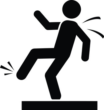 Black silhouette icon of a person slipping or tripping on a step or surface, representing danger or accident warning