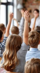 Fototapeta premium A group of children share curiosity while one child raises their hand to create paper waves in a classroom setting