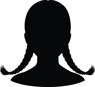 Silhouette of a girl with braided pigtails seen from behind, black and white vector graphic