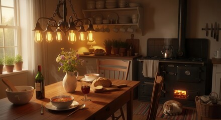 Obraz premium Warm light illuminates a rustic kitchen scene set for a cozy meal near a wood burning stove.