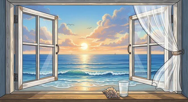 Open window reveals a vibrant ocean sunset scene with waves reaching the shore