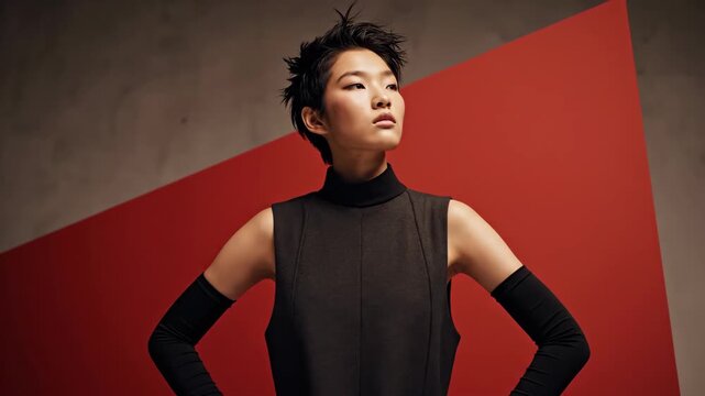 Confident young asian female model with short spiky hair posing in a fashion studio. Androgynous beauty wearing a minimalist black outfit against a red geometric background