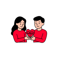 Cute Valentine Couple Giving Heart Gift Flat Illustration