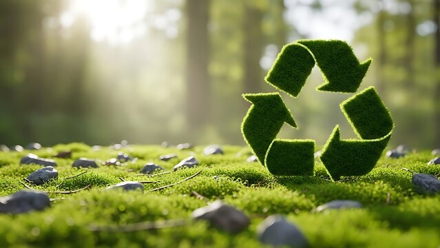 Green recycling symbol on mossy ground in forest