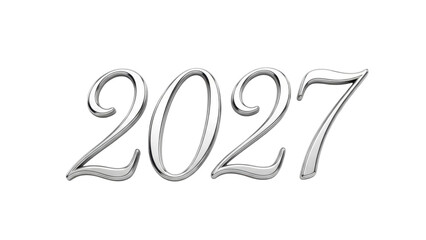 Isolated Silver Metal Numbers 2027, Year Date Sign Celebration, Shiny Metallic Figures