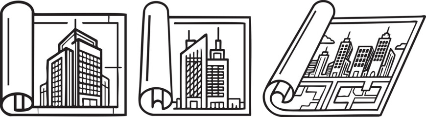 Obraz premium Set of blueprint style cityscape and skyscraper icons in line art Vector