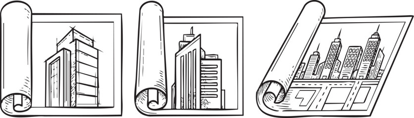 Obraz premium Set of architectural blueprint drawings with city skyscrapers and buildings Vector