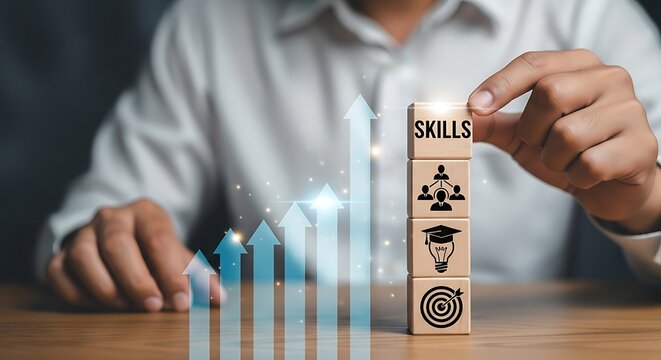 Man stacking wooden cubes with skill icons, showing business growth up arrow. Career development and personal improvement concept.