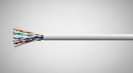 Exposed multicolored wires inside a white cable on a gray background.